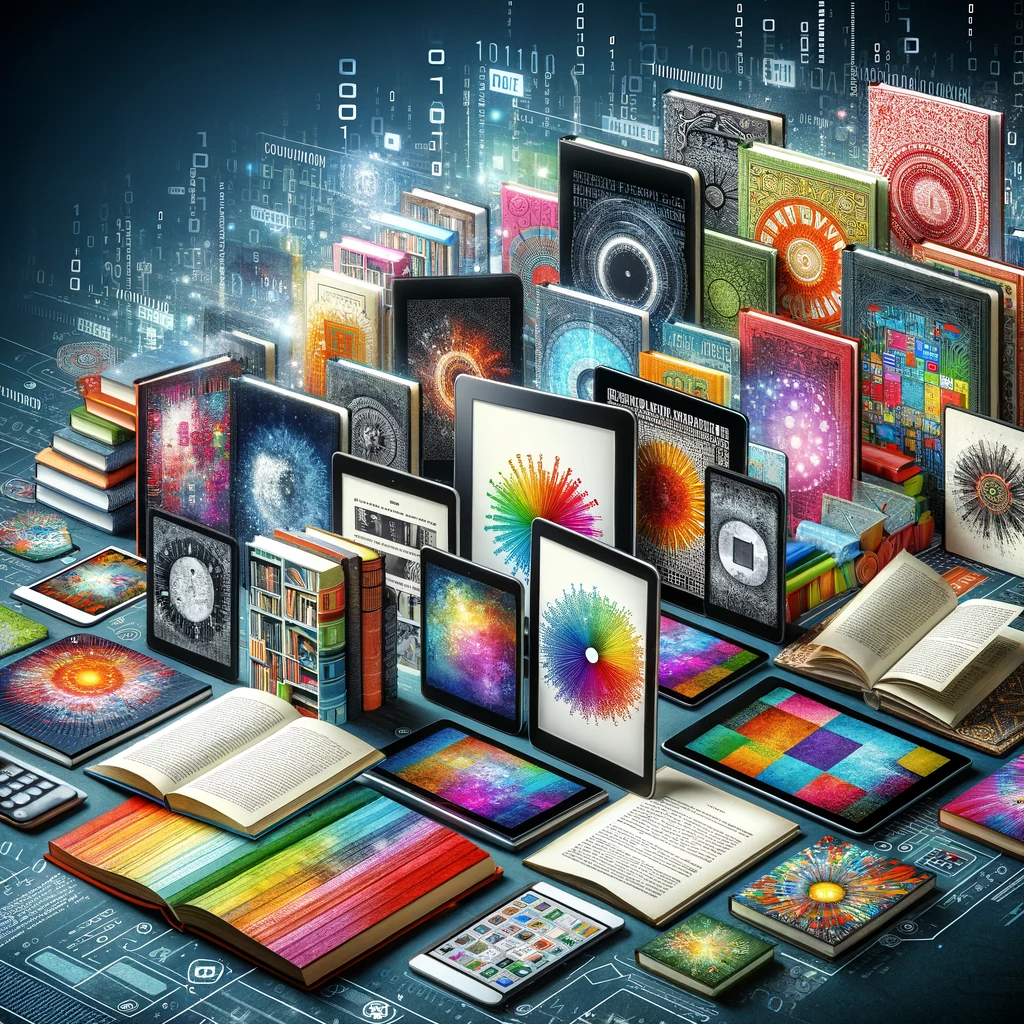 An intricate collage showcasing a vibrant array of e-books, tablets, and e-readers, with colorful covers and screens depicting pages in mid-turn, symbolizing the dynamic world of digital reading. The backdrop features a digital matrix of binary code and circuit diagrams, highlighting the seamless integration of technology with the literary world. The contrast of classic bound books alongside modern devices illustrates the evolution of reading from traditional to digital formats.